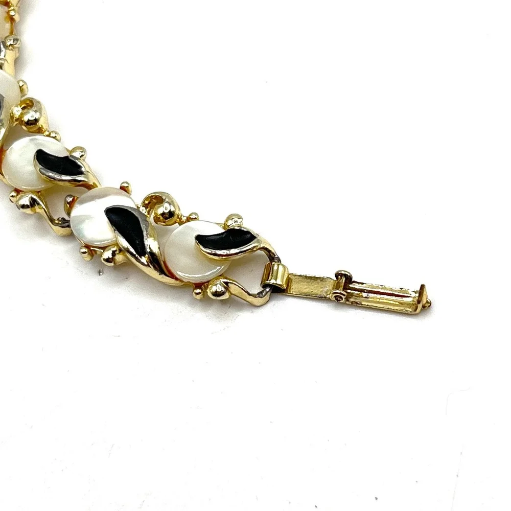 Vintage Black Enamel and Mother of Pearl Shell Inlay MCM Gold Tone Link Bracelet